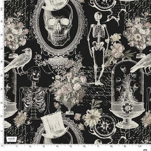 May include: A black fabric featuring a repeating pattern of white illustrations including skulls in ornate frames, skeletons, crows, floral arrangements in vases, top hats, and compasses. The design includes cursive script text overlays.