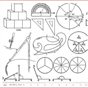May include: Black and white illustration of geometric shapes and tools, including cubes, protractor, triangles, compass, and pie charts. The image also features a ruler marked in inches, with the text "CUBES" and "CURVE A".