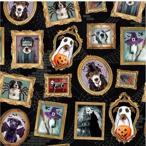 May include: A Halloween-themed fabric featuring framed portraits of dogs dressed in costumes. The portraits are in ornate gold frames against a black background with spiderwebs. Some dogs are dressed as vampires, ghosts, and Frankenstein.