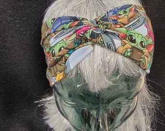 Baby Yoda Grogu Print Cotton/Spandex Stretch Knot Turban Headband