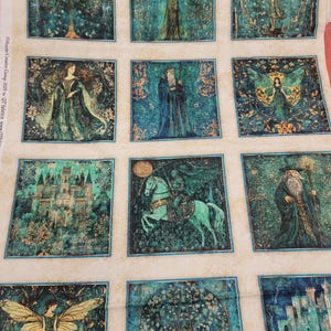 Folklore by Dan Morris Wizard Knight Fairy Castle Dragon Blocks on Tan 1 Yard Panel QT Fabrics