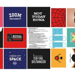 May include: A set of 12 colorful fabric squares with various designs and text. The designs include a skull, a spiderweb, a rainbow, a cat face, a tiger face, a dog face, a mustache, lips, and text such as "Be kind", "Zoom University", "Not Today Rona", "Social Distancing Champion", "I Need My Space", "Professional Social Distancer", "Better Days Ahead", "Eat Sleep Battle Royale Repeat", and "If You Can Read This You Are Too Close".