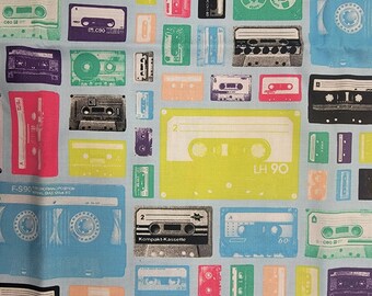 Riley Blake Geeky Chic Cassette Tapes Blue Amy Adams C514 cotton woven Fabric  1 Yard