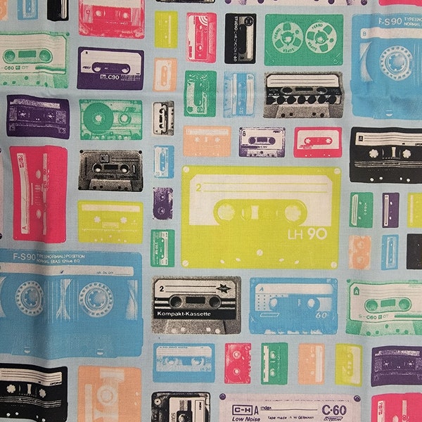 Riley Blake Geeky Chic Cassette Tapes Blue Amy Adams C514 cotton woven Fabric  1 Yard
