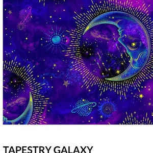 Tapestry Galaxy Moon Cosmos Blue Purple with Metallic Gold, woven cotton fabric,  1 Yard Timeless Treasures CM2541