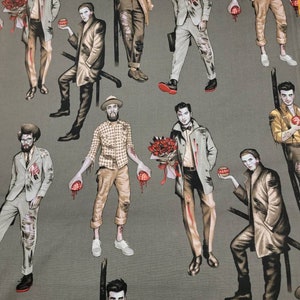 May include: A repeating pattern of zombie men in various poses, wearing different outfits, and holding brains. The background is a light gray color.