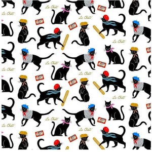 May include: A white background with a repeating pattern of black cats wearing blue and white striped shirts and red berets. The cats are holding a baguette and a small box of cheese. The text "Le Chat" is repeated throughout the pattern.