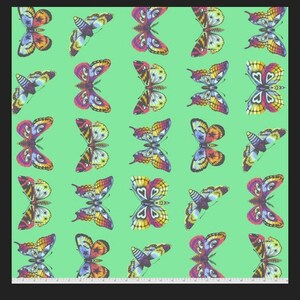 May include: A repeating pattern of colorful butterflies on a light green background. The butterflies have intricate details and a variety of colors, including red, blue, yellow, and purple.