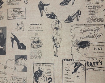 1 yard Newspaper Ads Read All About It Pattern 3560 Parchment Mary Anne Henderson for Northcott Retro 40s Ladies OOP