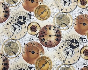 1/2" Yard Life's Journey Robert Kaufman Steampunk Tan Brown Black Gears Cogs Clock Workings  OOP HTF