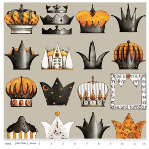 May include: A collection of illustrated crowns in various styles and colors, including orange, black, and white. Some crowns feature jewels, stars, and floral patterns. The image includes text that reads "Once upon a time...kiss and turned."