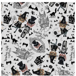 May include: A Halloween-themed pattern featuring cartoon cats dressed in witch hats and skeleton costumes, holding brooms and pumpkins. The design includes bats, haunted houses, and the text "Haunting Night". The color scheme is black and white.