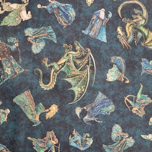 Folklore by Dan Morris Wizards Elves on Blue Quilting Treasures Fabrics
