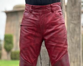 Mens Burgundy Distressed Leather Biker Pants, Slim Fit