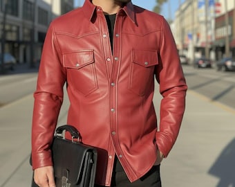 Handmade Mens Red Distressed leather Slim Fit Biker Shirt