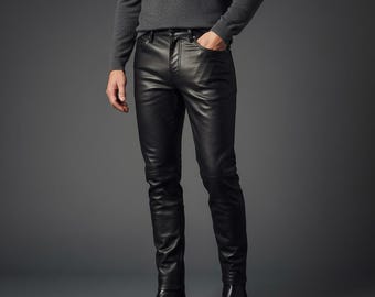 Schwarze Lammfell-Lederhose für Herren, Slim Fit-Hose