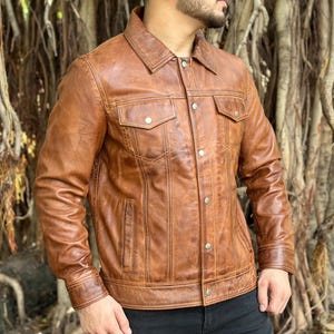 Men's Brown Genuine Lambskin Leather Biker Shirt, Men's Brown Distressed Leather Motorcycle Shirt
