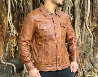 Men's Brown Lambskin Leather Biker Shirt: Distressed Motorcycle Jacket