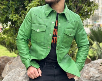Men's Green Lambskin Leather Biker Shirt - Distressed Slim Fit