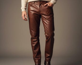 Men's Brown Lambskin Leather Pants, Slim Fit Trousers