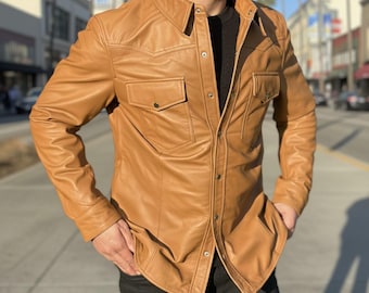 Handmade Mens Brown Distressed leather Slim Fit Biker Shirt