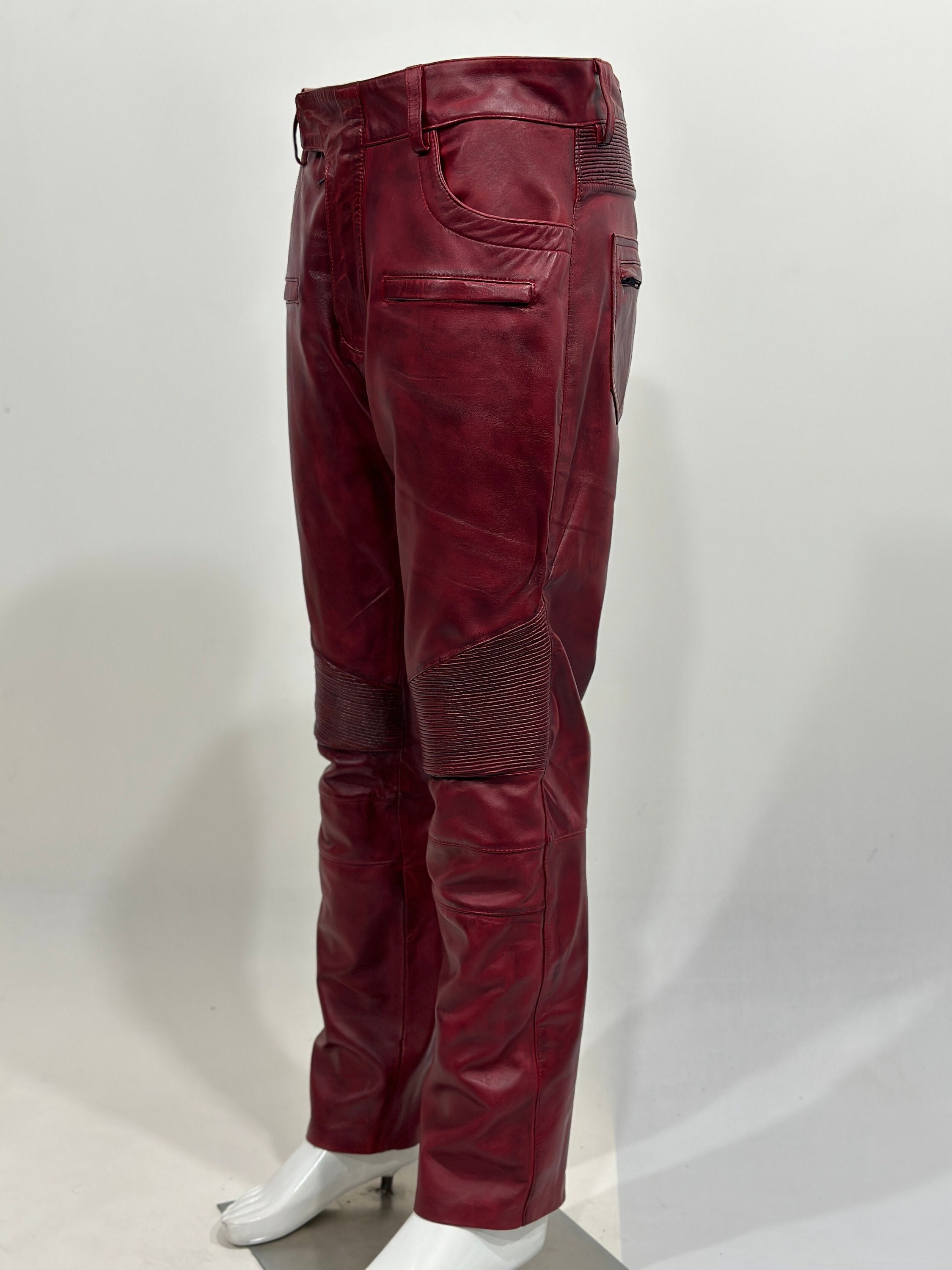 Pantalon de motociclista de cuero envejecido para hombre pantalon de motociclista envejecido de cuero burdeos para hombre pantalon de cuero envejecido Etsy Espana