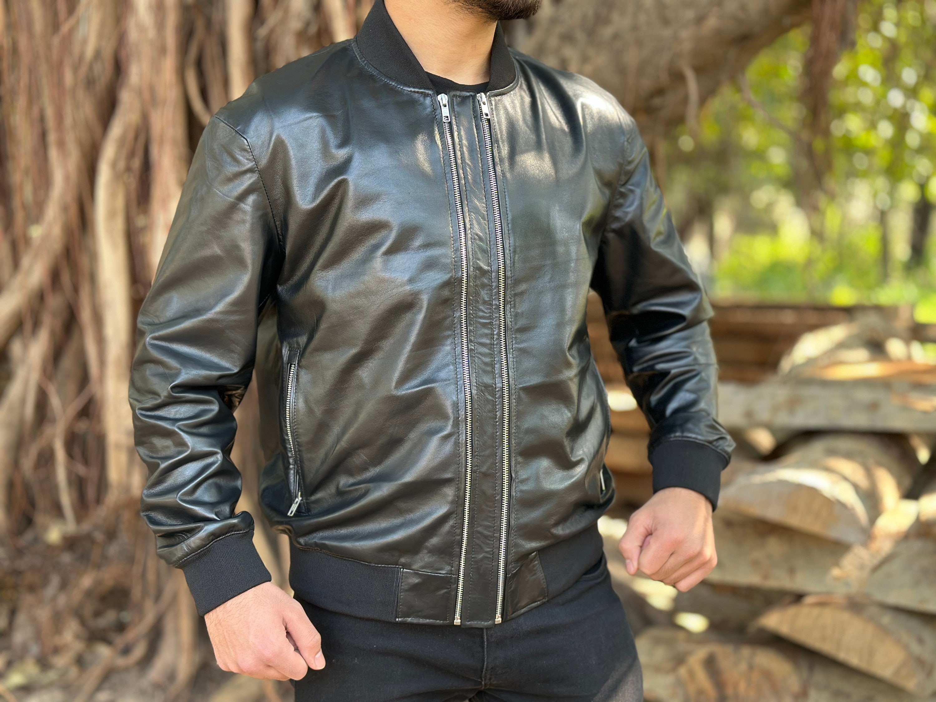 Mens black lambskin leather bomber jacket deals
