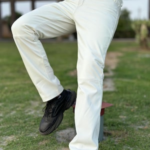 Mens White Lambskin Leather Slim Fit Biker Pant, Mens White Genuine Leather Motorcycle Pant, Men Leather Trouser