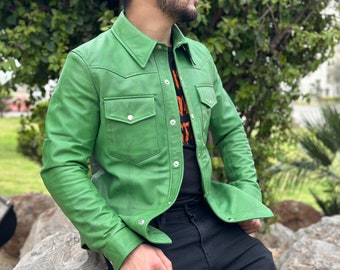 Handmade Mens Green Distressed leather Slim Fit Biker Shirt