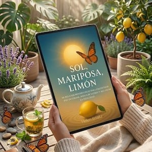 May include: A tablet shows the book cover "Sol, Mariposa, Limón" with a sun, butterfly, and lemon illustration. The image includes a cup of tea, a teapot, a notebook, and butterflies, suggesting a relaxing theme.