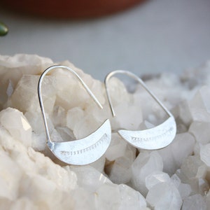 Silver Earrings, Sterling Silver Crescent Moon Hoops, Arc Earrings, Teardrop Hoop image 3