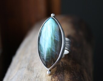 Labradorite Ring, sterling silver gemstone ring, statement ring, big blue stone ring, artisan metalwork carpe diem