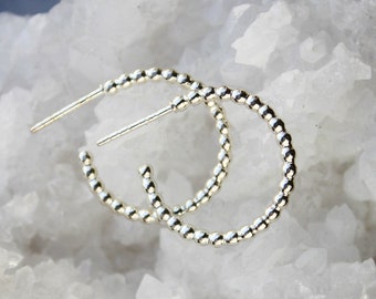 Silver Hoops, sterling silver beaded hoop earrings, simple classic everyday gift for wife girlfriend