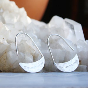 Silver Earrings, Sterling Silver Crescent Moon Hoops, Arc Earrings, Teardrop Hoop image 1