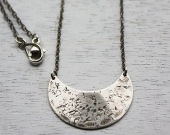 silver crescent moon necklace, sterling silver small shield necklace, moon pendant, tribal pendant, everyday necklace