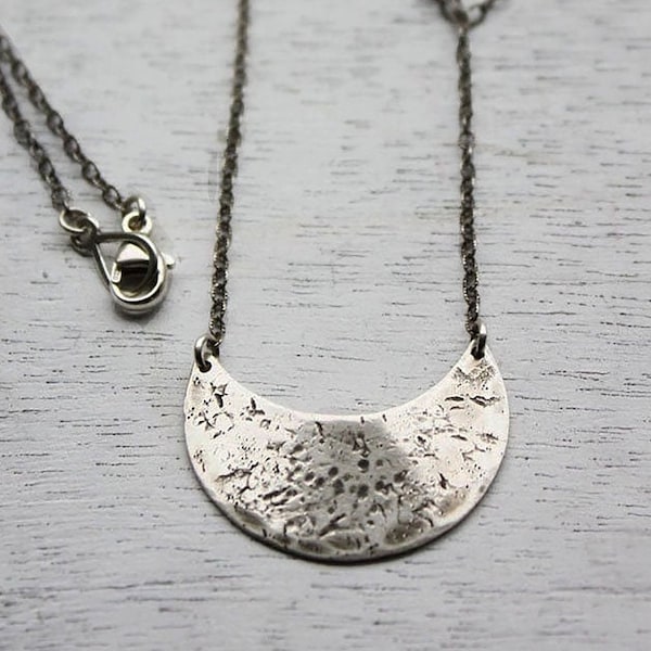 silver crescent moon necklace, sterling silver small shield necklace, moon pendant, tribal pendant, everyday necklace