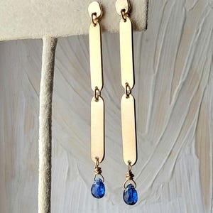 Long gold earrings, 14k gold filled blue kyanite stone drop