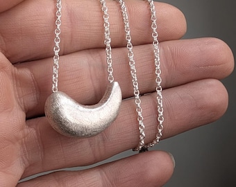 Silver Necklace, minimalist brushed texture crescent horn everyday jewelry