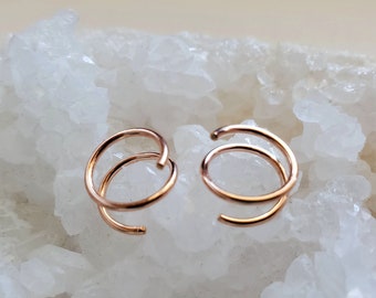 Rose Gold Twist Earrings, 14k pink gold filled small spiral double hoop helix piercing, fake double hoop jewelry