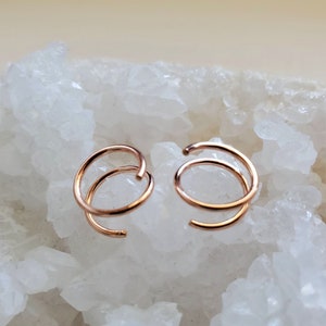 Rose Gold Twist Earrings, 14k pink gold filled small spiral double hoop helix piercing, fake double hoop jewelry image 1