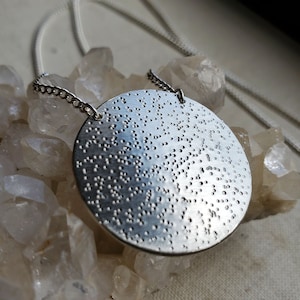Stardust Necklace, sterling silver round disc pendant, moon necklace, lunar boho jewelry image 1
