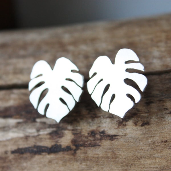 Sterling Silver Monstera Leaf Stud Earrings: Botanical Jewelry