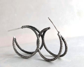 Sterling Silver Double Hoops med., oxidized textured industrial jewelry