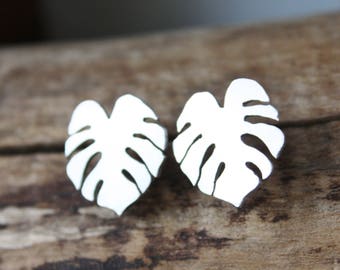 Monstera leaf earrings, sterling silver stud earrings, botanical jewelry, palm leaf tropical botanical, gift for gardener