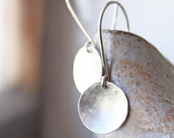 sterling silver earrings, hammered disc round circles, silver jewelry full moon, gift for wife