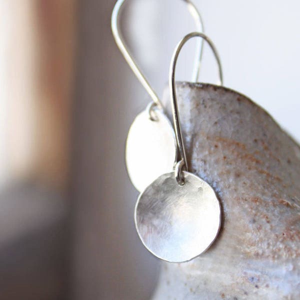 sterling silver earrings, hammered disc round circles, silver jewelry full moon, gift for wife