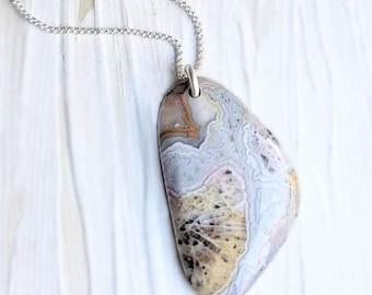 Collar de ágata de encaje loco, colgante de piedra grande, joyería de plata esterlina
