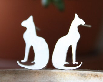 Cat Earrings, Sterling Silver Kitty stud jewelry, Bastet Egyptian goddess