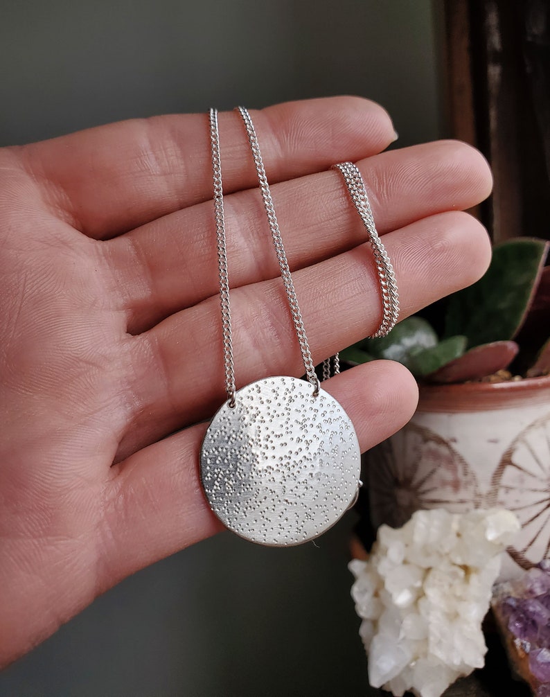 Stardust Necklace, sterling silver round disc pendant, moon necklace, lunar boho jewelry image 4