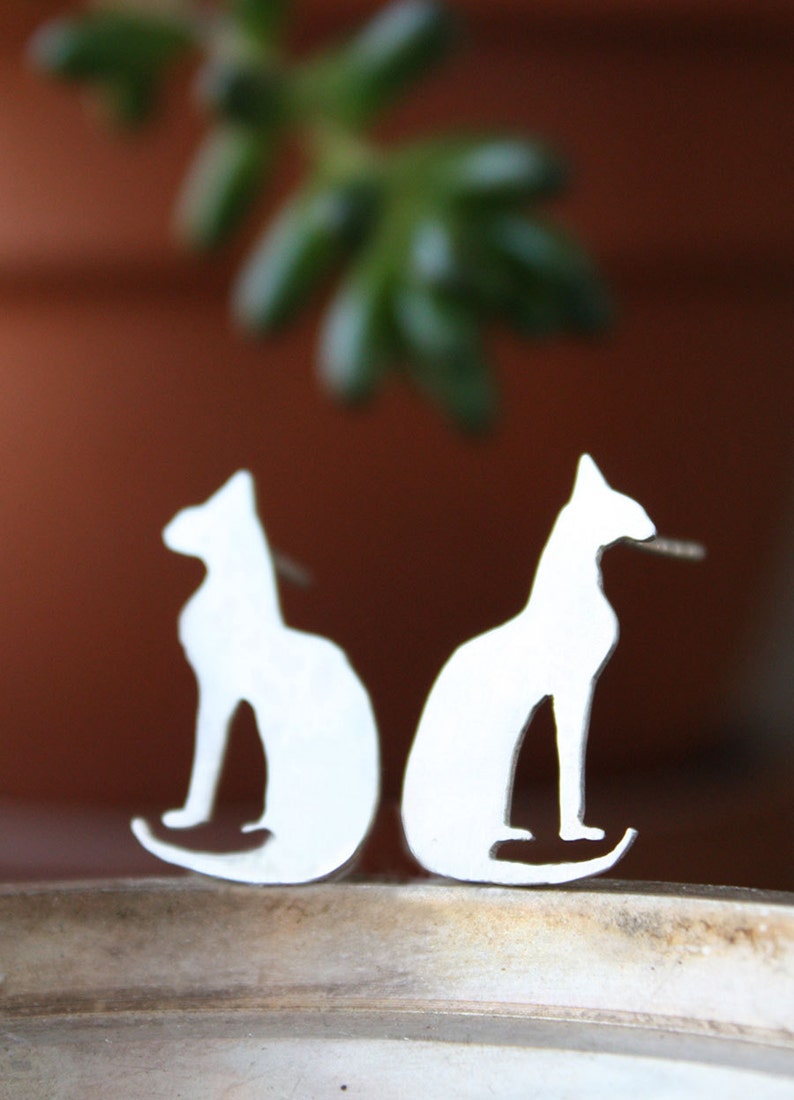 Cat Earrings, Sterling Silver Kitty stud jewelry, Bastet Egyptian goddess image 1